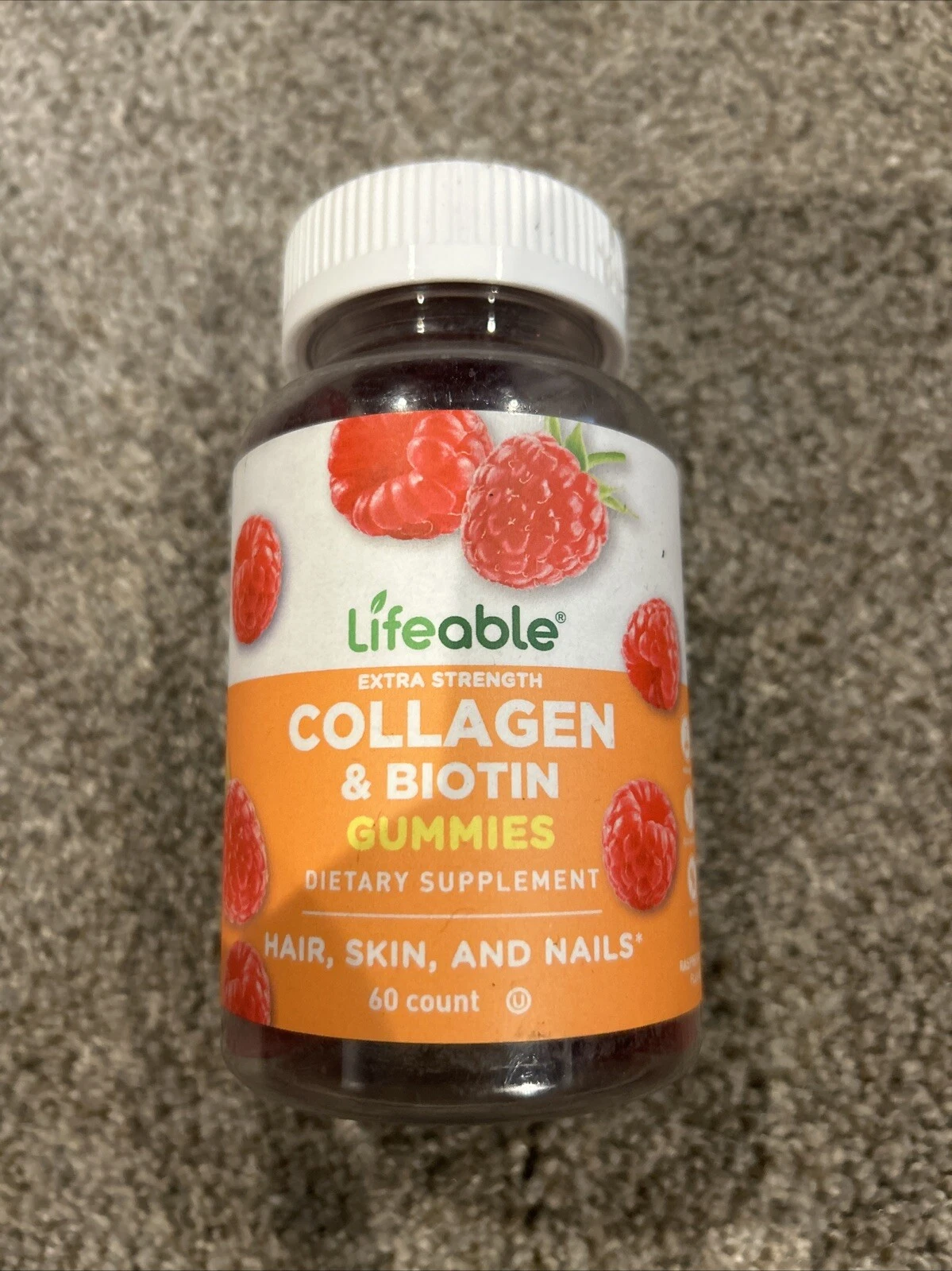 Lifeable Extra Strength Collagen & Biotin Gummies, Natural Raspberry, 60 Ct