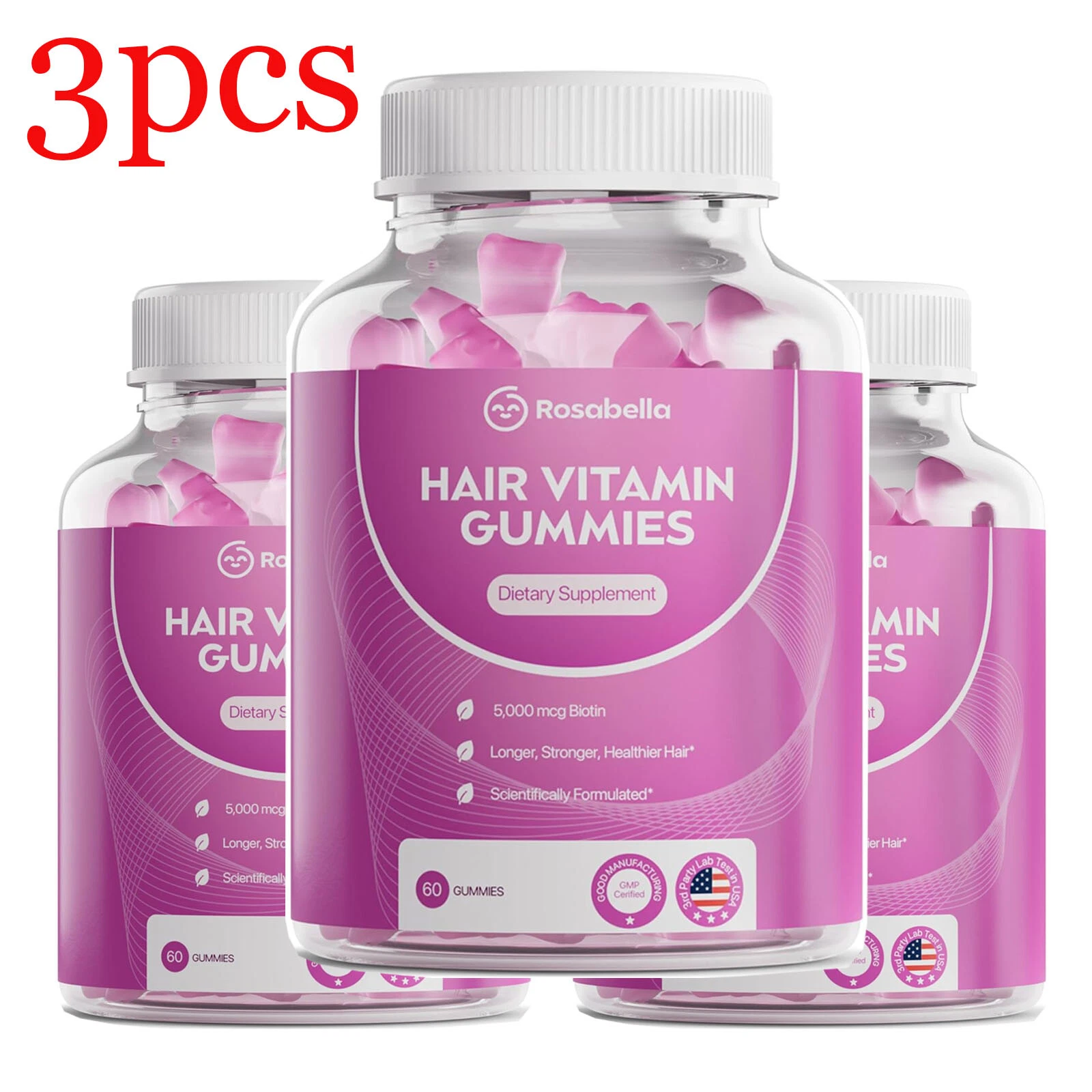 3Pcs Hair Growth Vitamin Gummies Rosabella Stronger Longer Hair Protection