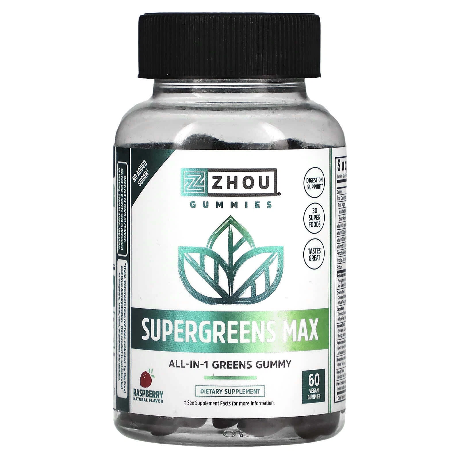 2 X Zhou Nutrition, Supergreens Max, Raspberry, 60 Vegan Gummies