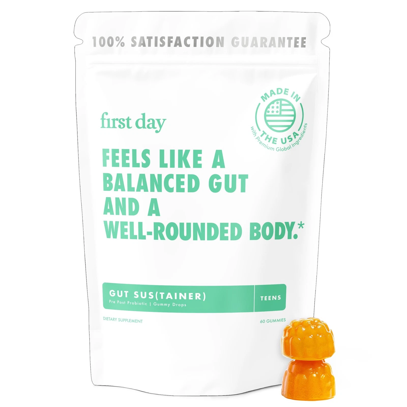 FIRST DAY Teens� Gut Sustainer Tribiotic Gummies - 3-in-1 Prebiotic, Probiotic &