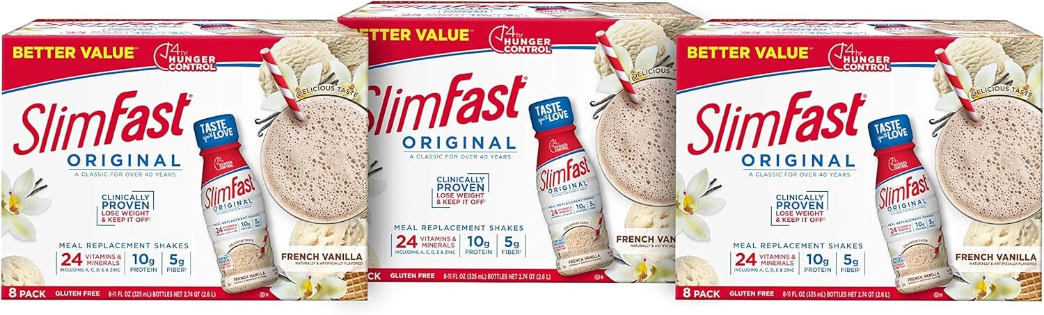 SlimFast Meal Replacement Shake, Original French Vanilla, 8 Count Pack of 3