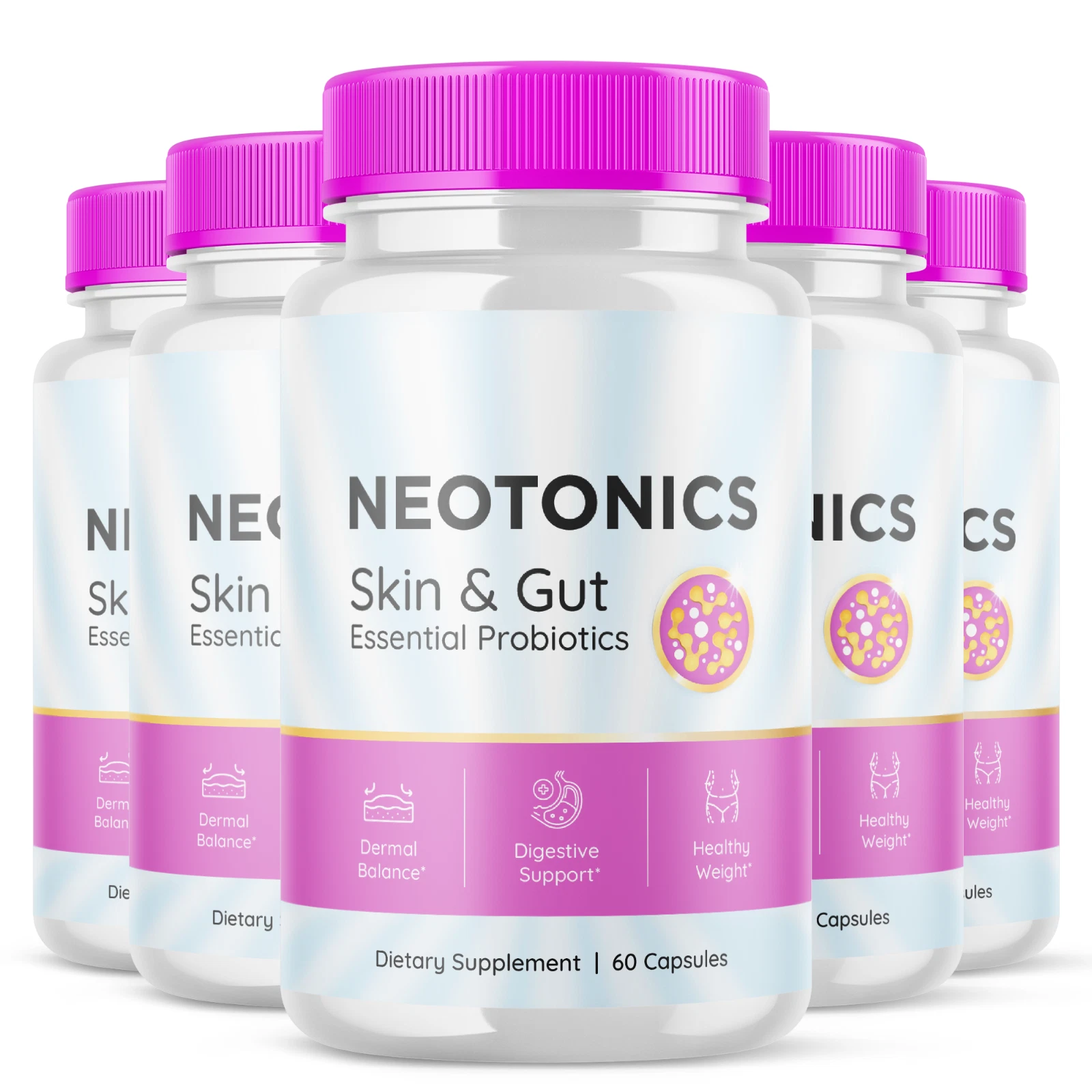 5 Pack - Neotonics Skin & Gut Probiotics Supplement Pills - 300 Capsules