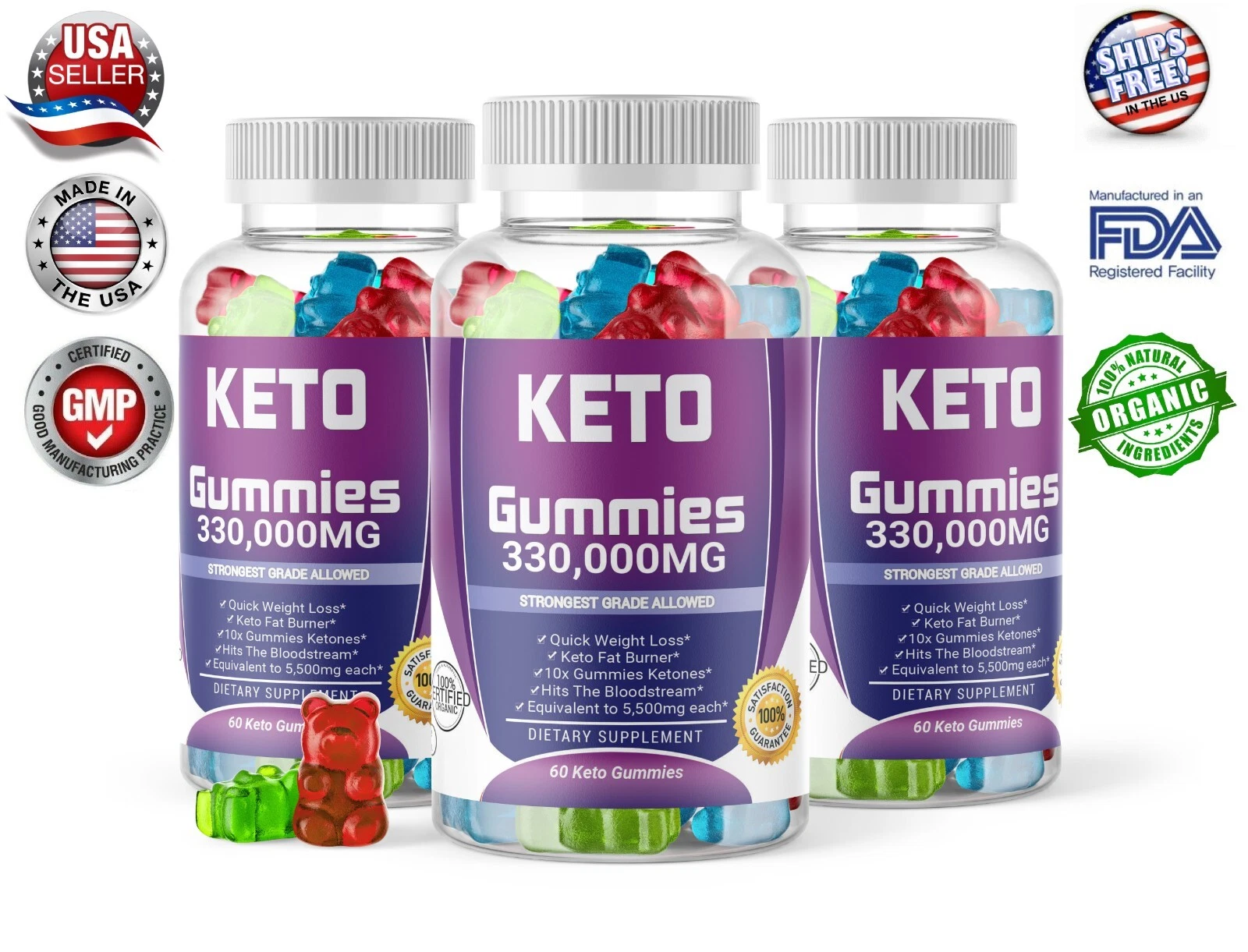3x Keto Gummies 330,000mg Slimming Apple Cider Vinegar ACV Weight Loss 60 Gummy