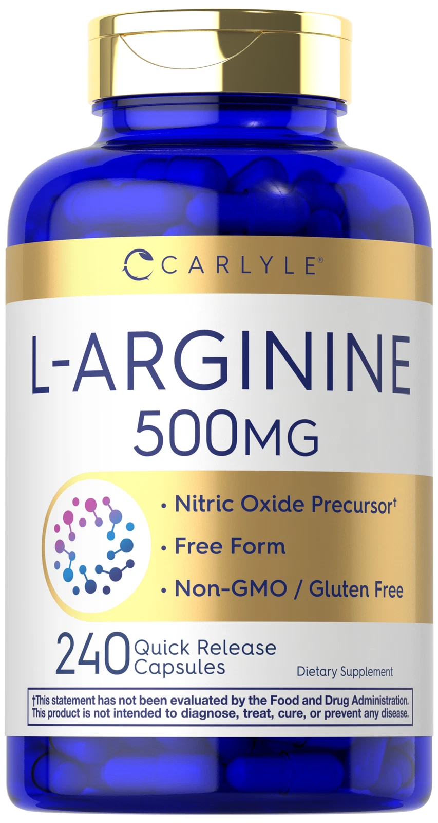 L Arginine 500 mg | 240 Capsules | Free Form Nitric Oxide Precursor | by Carlyle