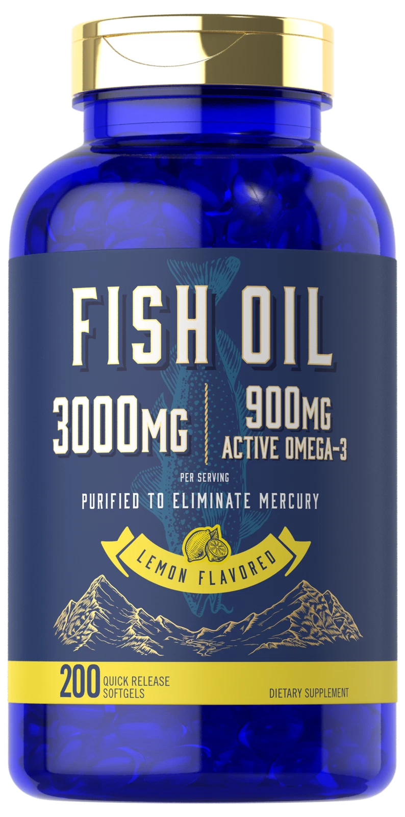 Fish Oil 3000mg | 900mg Omega 3 | 200 Softgels | Lemon Flavor | by Carlyle