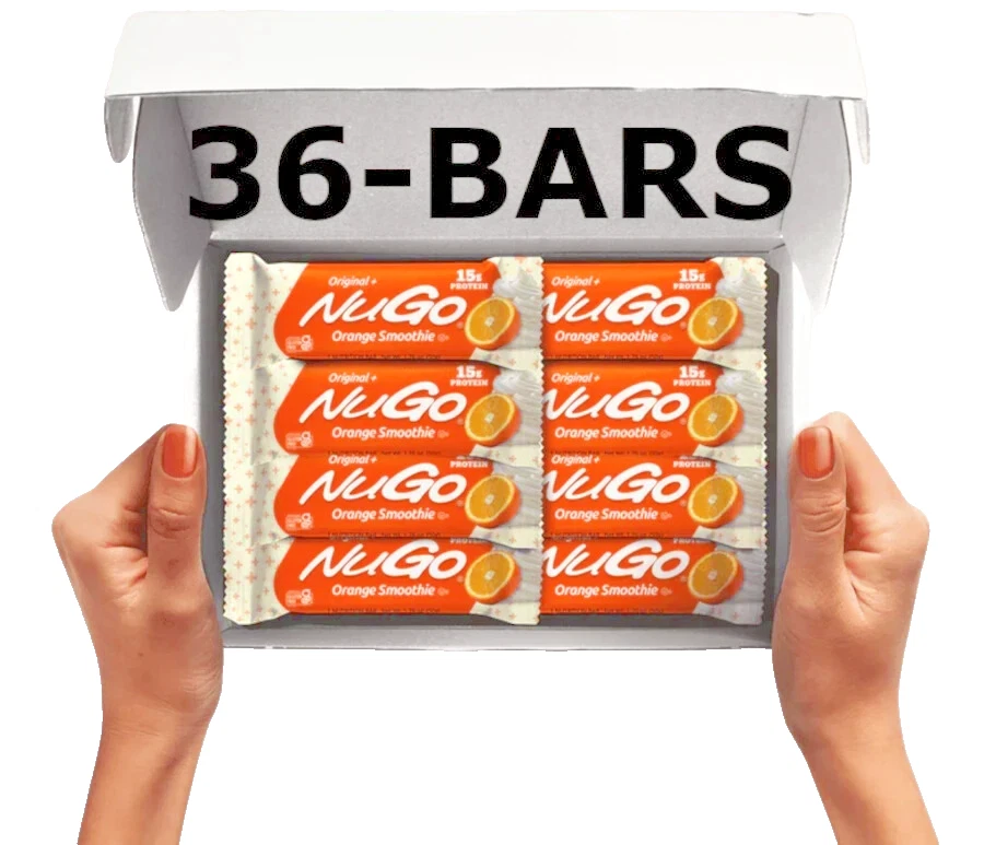 BOX of 36 / NuGo Orange Smoothie 15g PROTEIN BARS, 1.76 oz (50 g) Each