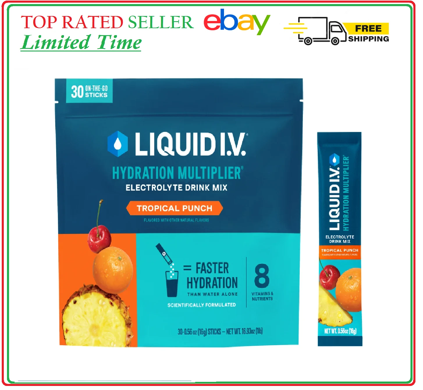 Liquid IV Hydration Multiplier, 30 Individual Serving Stick Packs TROPICAL PUNCH
