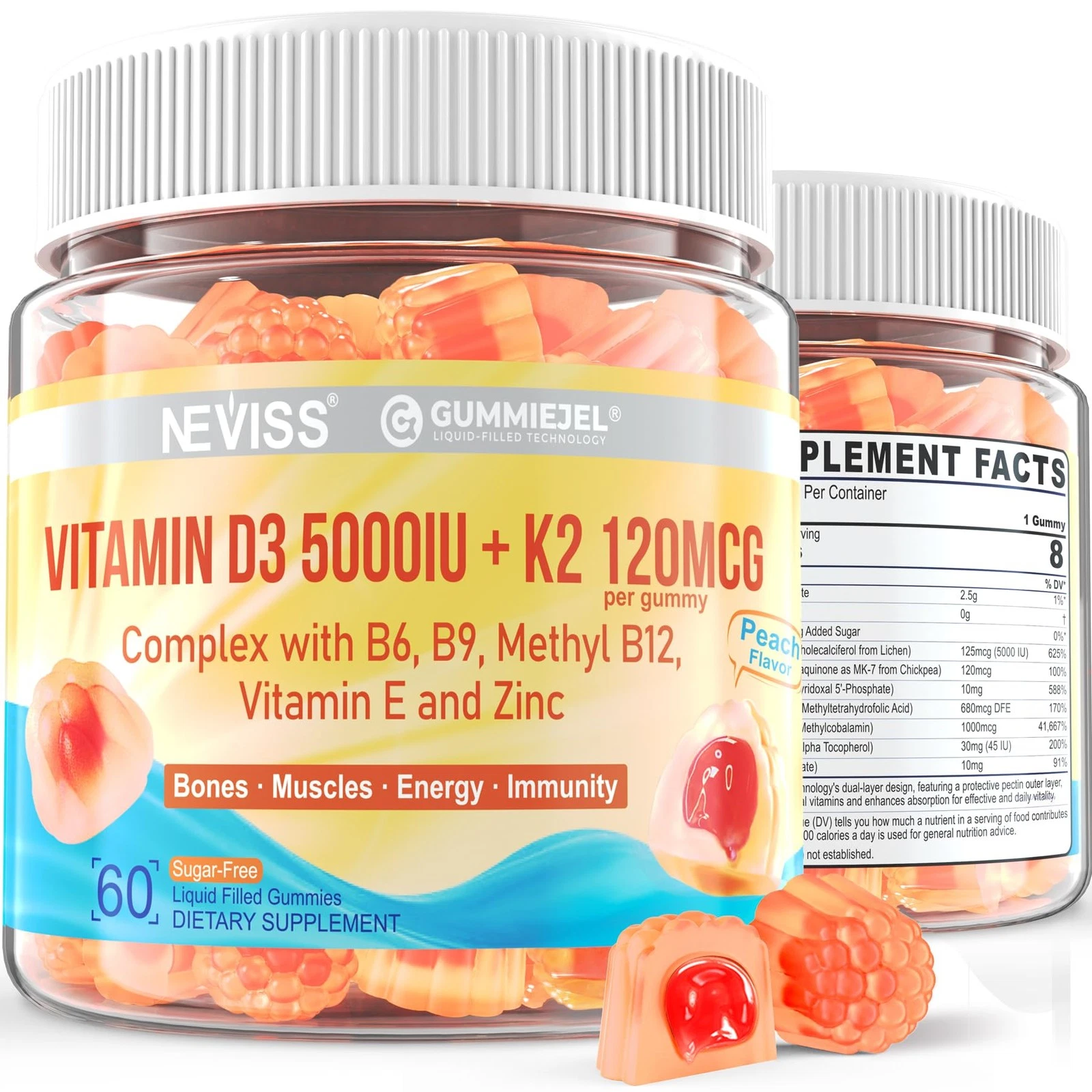 Vitamin D3 5000IU + K2 (MK-7) 120mcg, Sugar-Free Vitamin D3 K2 Filled Gummies wi