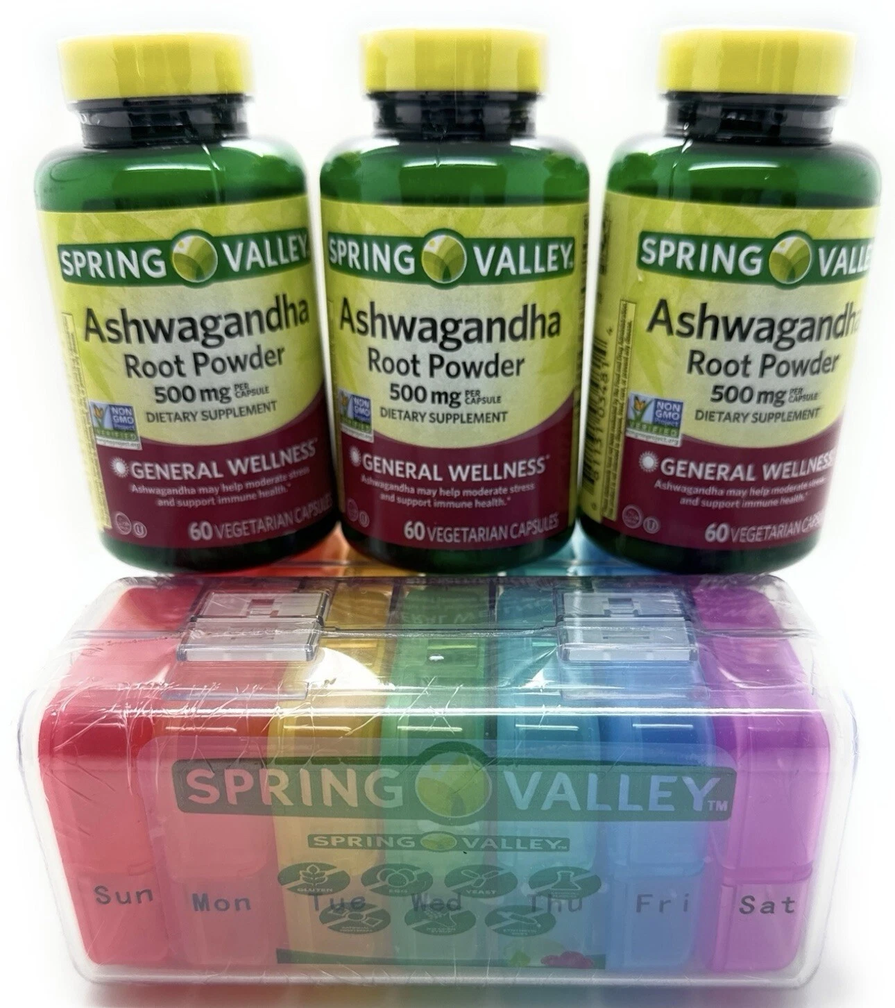 3X Spring Valley Ashwagandha Root Powder 500mg 60 Caps Plus 7 Day Pill Case