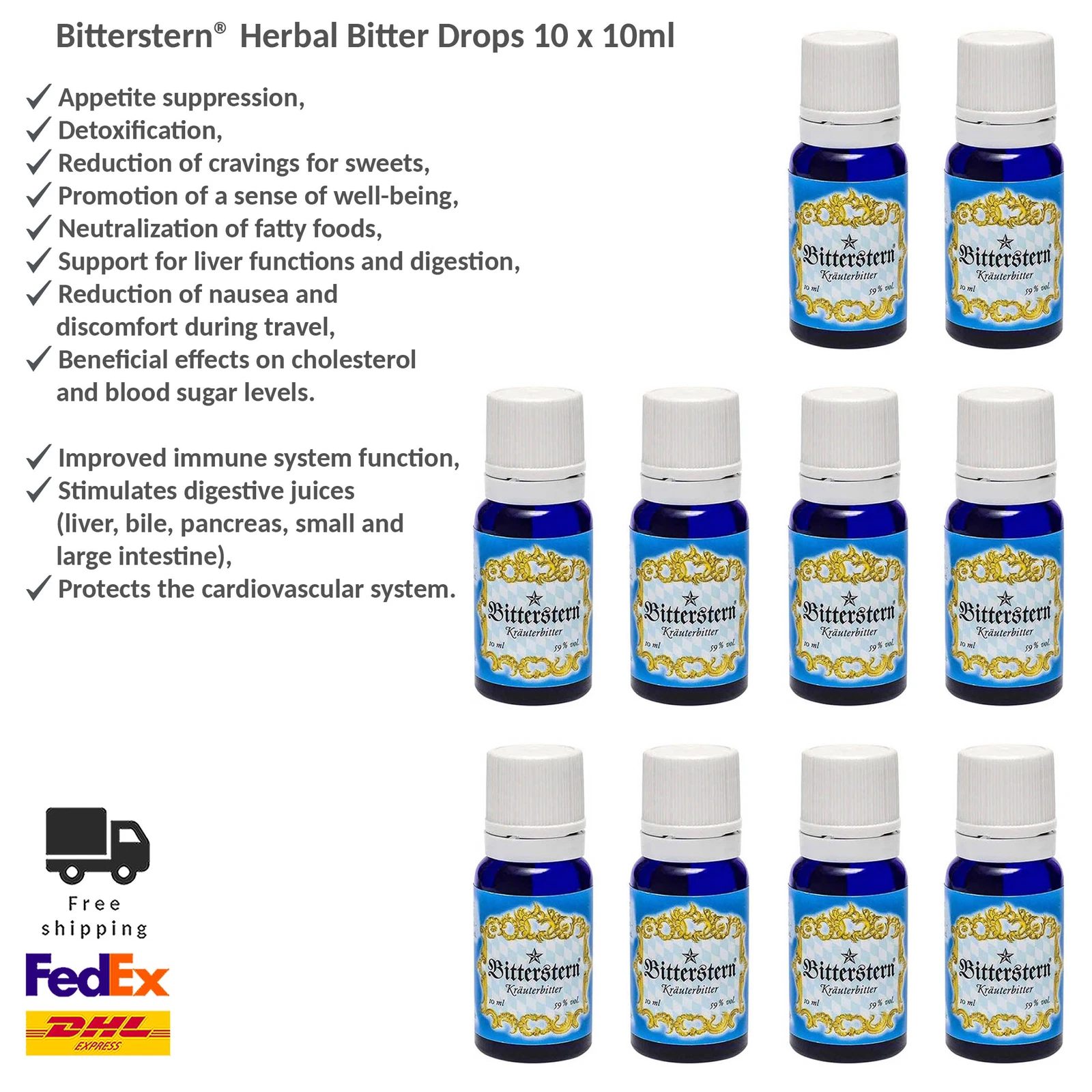 Bitterstern Herbal Drops Natural Digestive Drops with 17 Medicinal Herbs 10x10ml