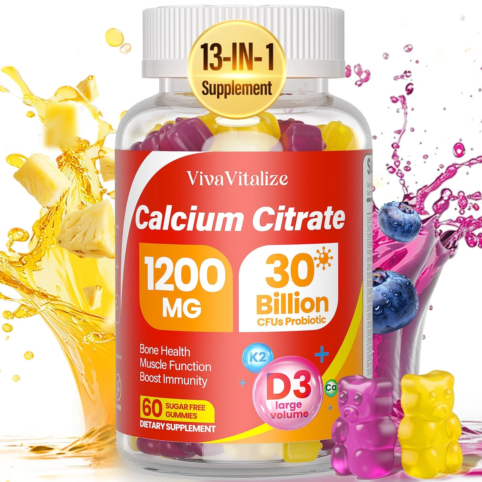 13-in-1 Calcium Citrate Gummies, 1200 mg with Vitamin D3, K2, Magnesium, Zinc, U