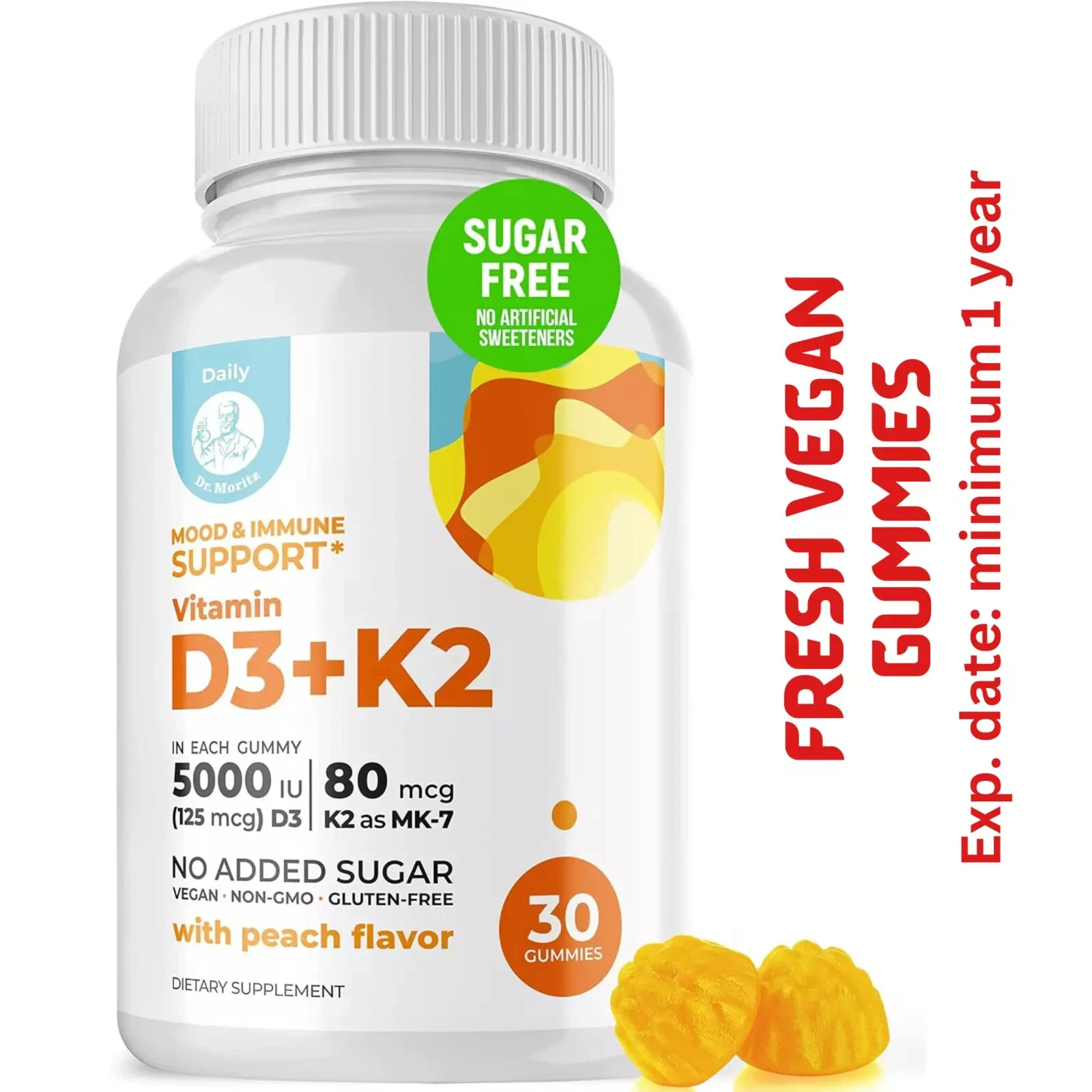 DR. MORITZ Vitamin D3 K2 Gummies 5000 IU - Sugar-Free VIT D, 60 Ct Exp 12/25