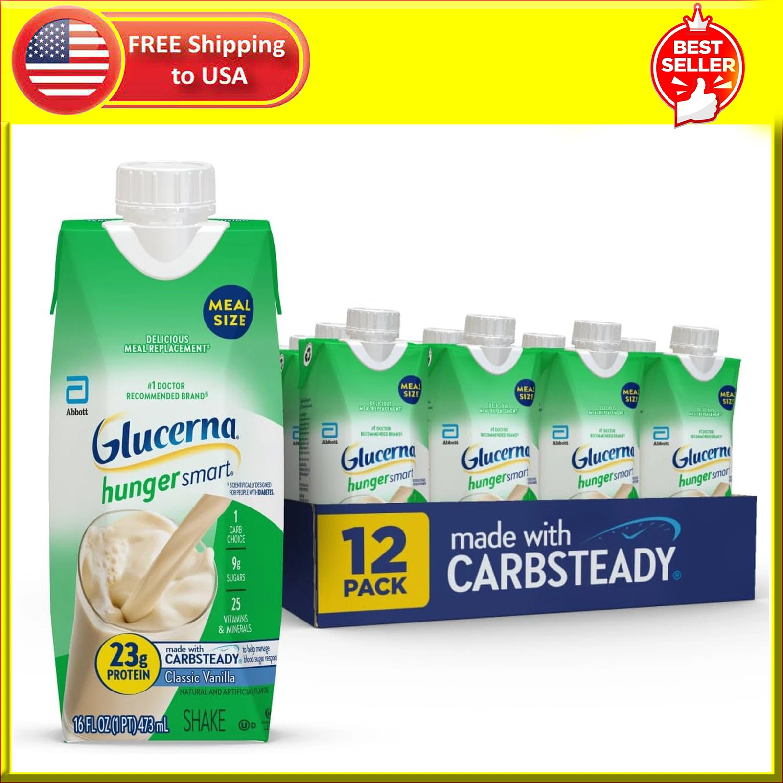 (12 Pack) Glucerna Hunger Smart Diabetic Nutrition Meal Shake, Vanilla, 16 Fl Oz