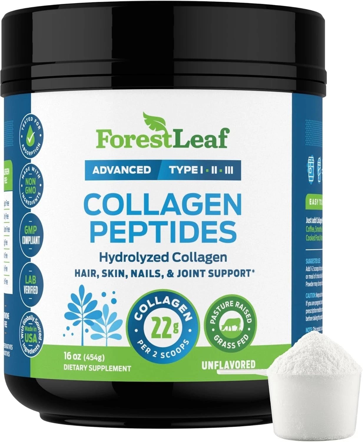 Forest Leaf Hydrolyzed Collagen Peptides Powder Unflavored Protein Powder, 1lb