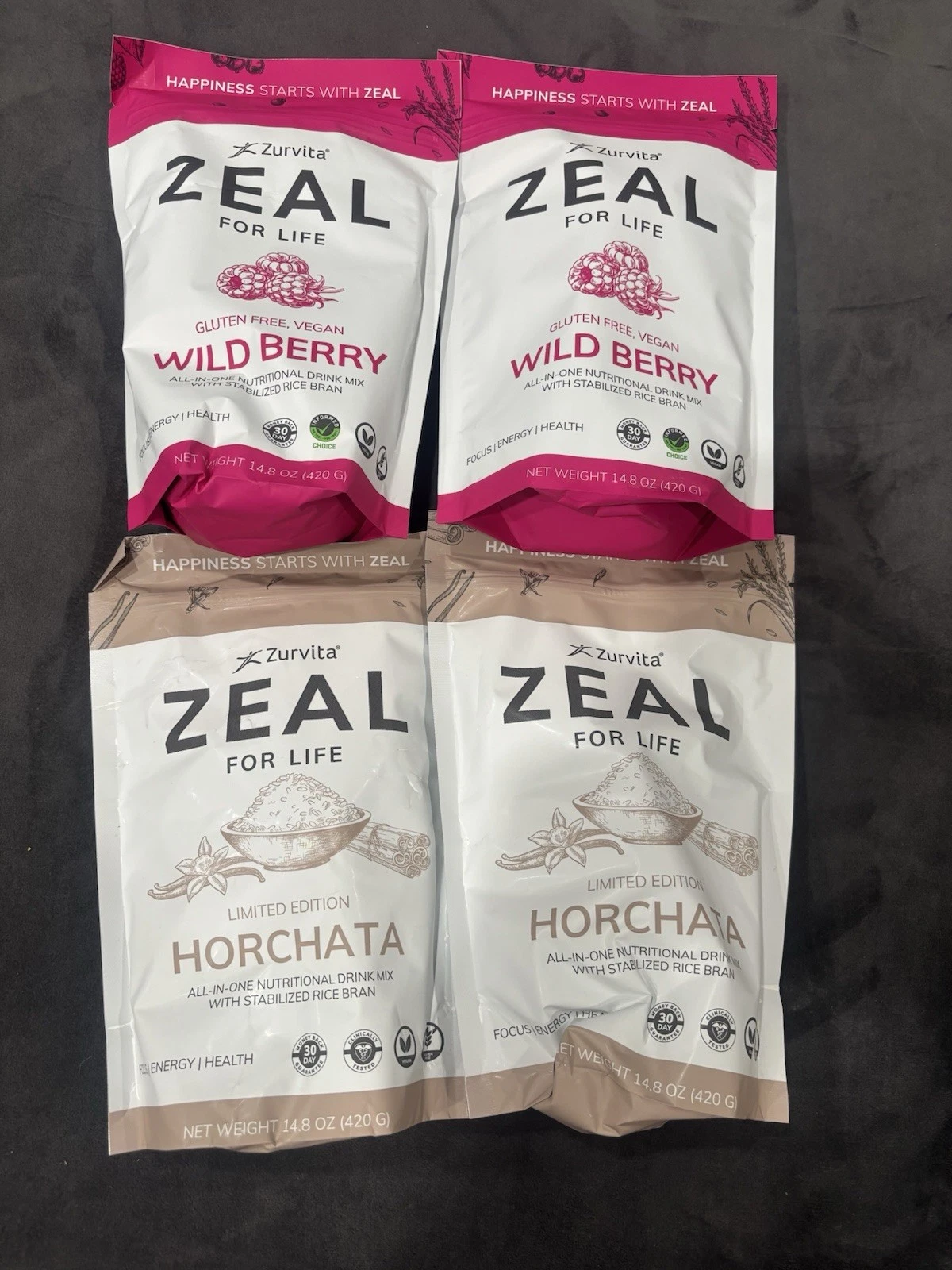 4-Pack Zurvita Zeal 30-Day Wellness Bag (24X 20 Grams) wildberry vegan& horchata