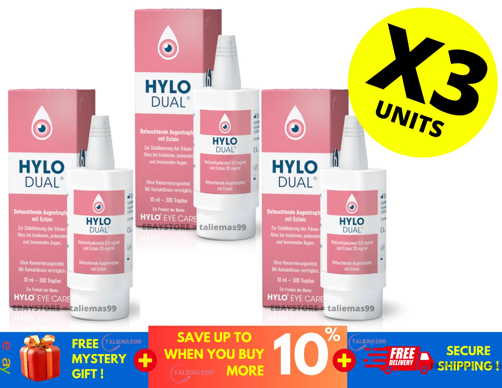Hylo Dual Eye Drops with Hyaluronic Acid and Ectoin for Dry and Red Eye 10ml X 3