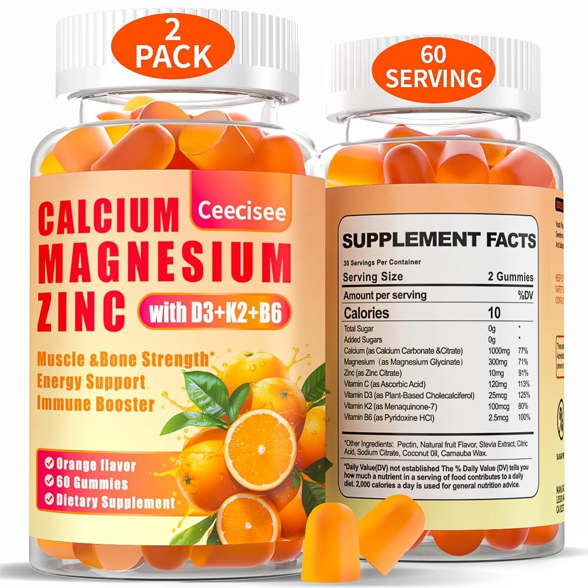 Calcium Magnesium Zinc Gummies with D3 &B6 &K21000mg Calcium Gummies with 300...