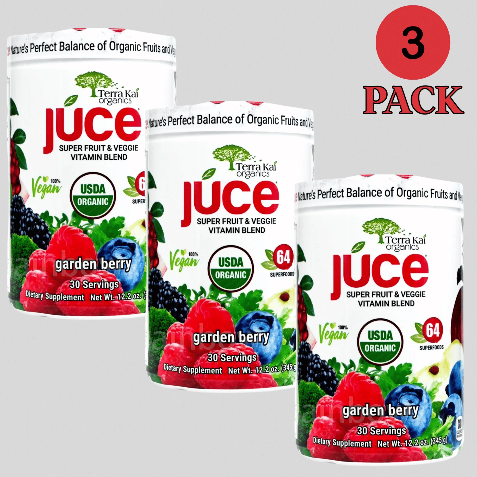 3 Packs Terra Kai Organics JUCE Super Fruit Veggie Vitamin Blend 3x64 Superfoods