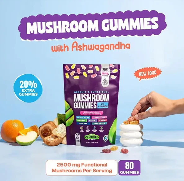 Mushroom Gummies with Ashwagandha-Nutritional Supplement- 80 gummies- EarthRoots