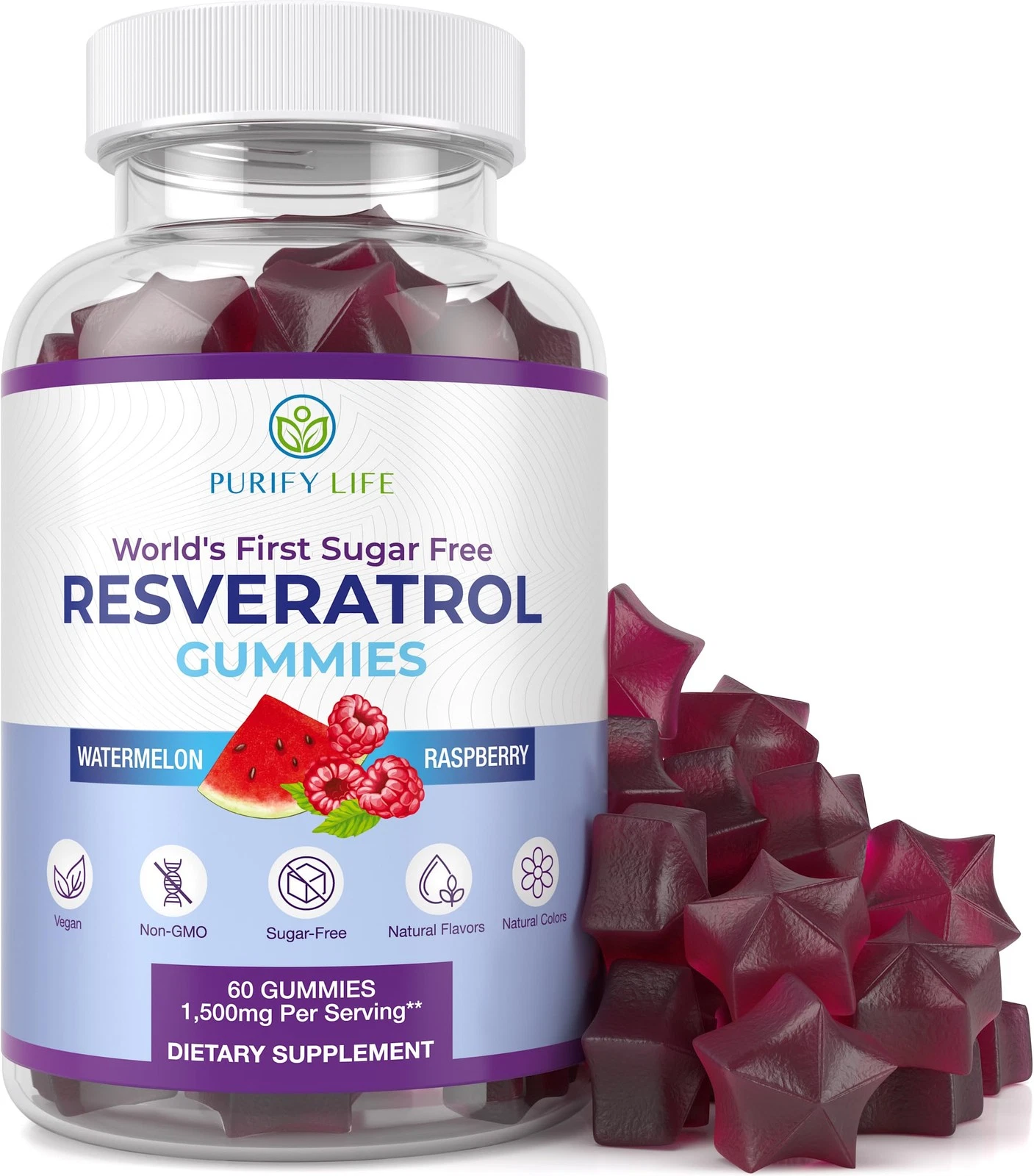 Purify Life Sugar-Free Resveratrol Gummies - Potent 1500mg Resveratrol Supplemen