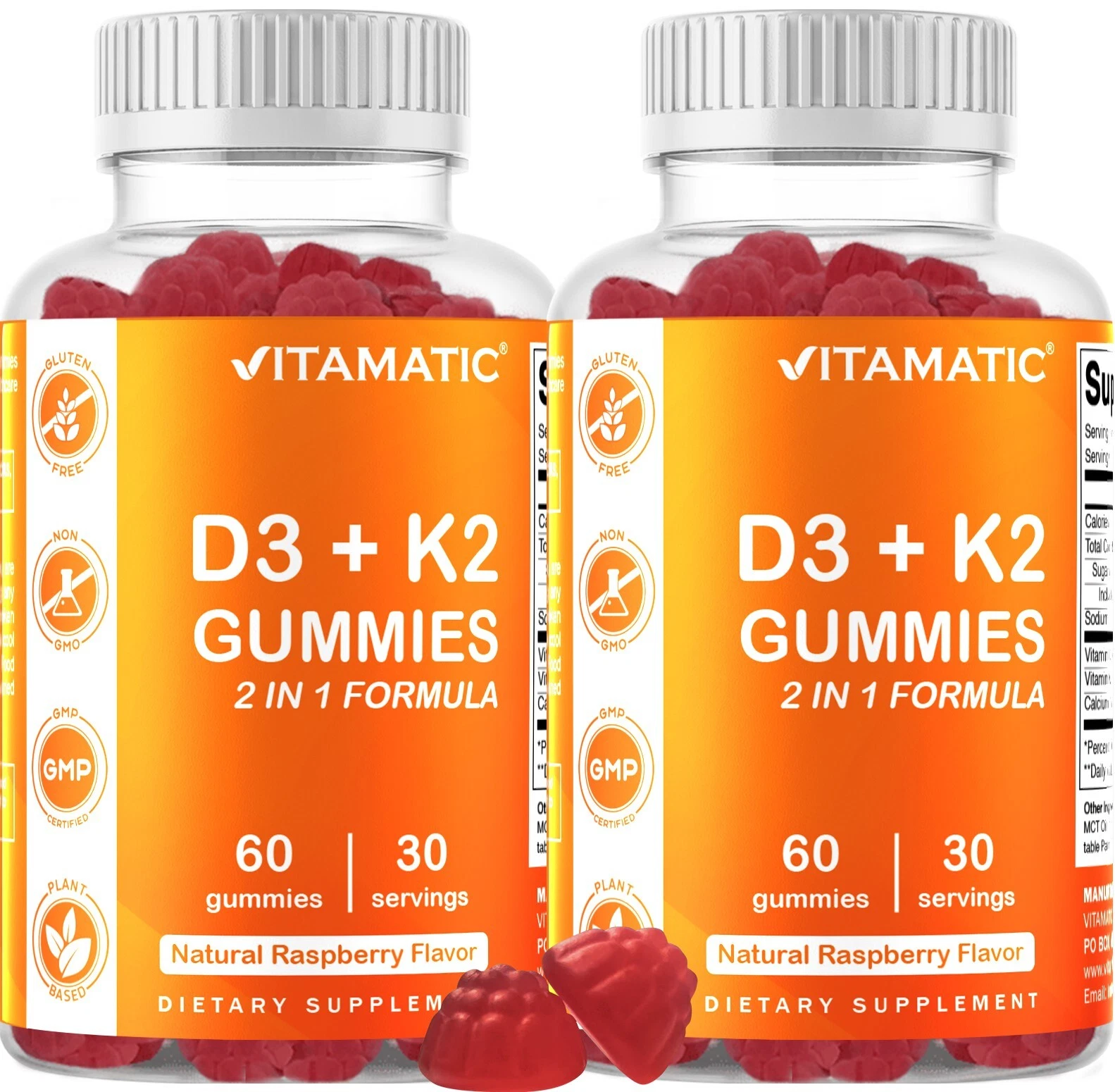 2 Pack - Vitamatic Vitamin D3 K2 Gummies - 60 Count - Supports Healthy Bone