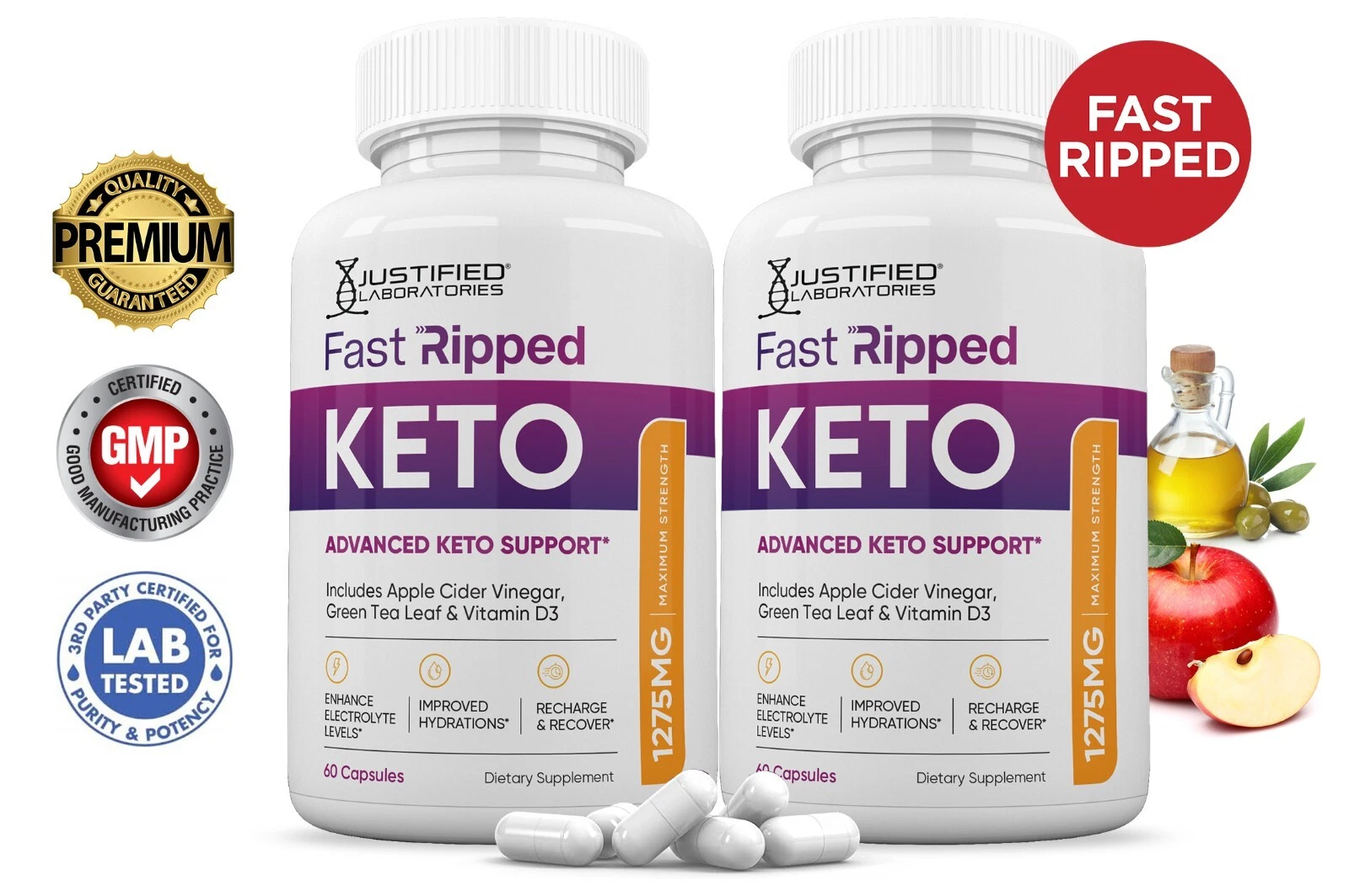 Fast Ripped Keto ACV Pills 1275 MG Stronger Than Gummies Keto Support 2 Bottles
