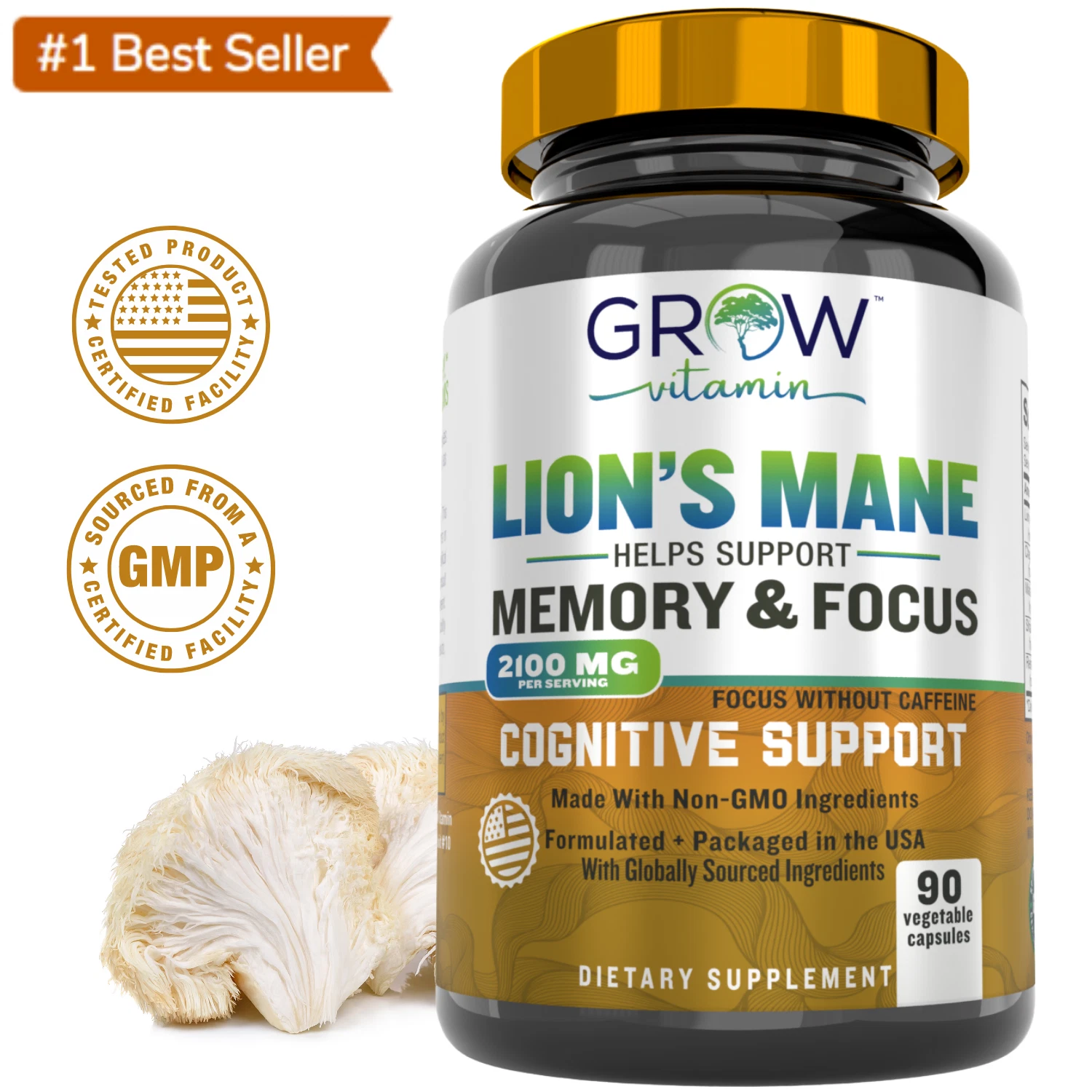 Organic Lion's Mane Mushroom 90 Powder Capsules Lions Dietary Supplement