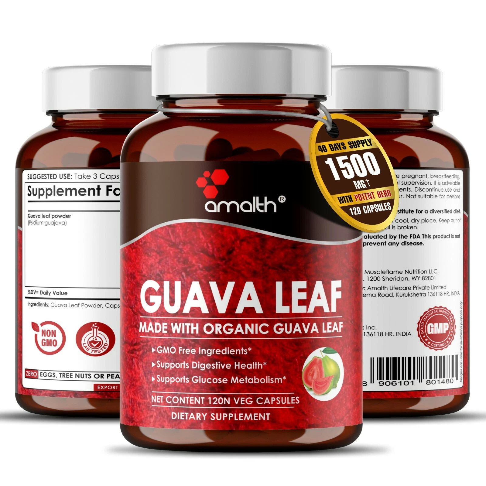 Organic Guava Leaf Powder Guajava 1500mg Capsules - Blood Sugar 120 Pills