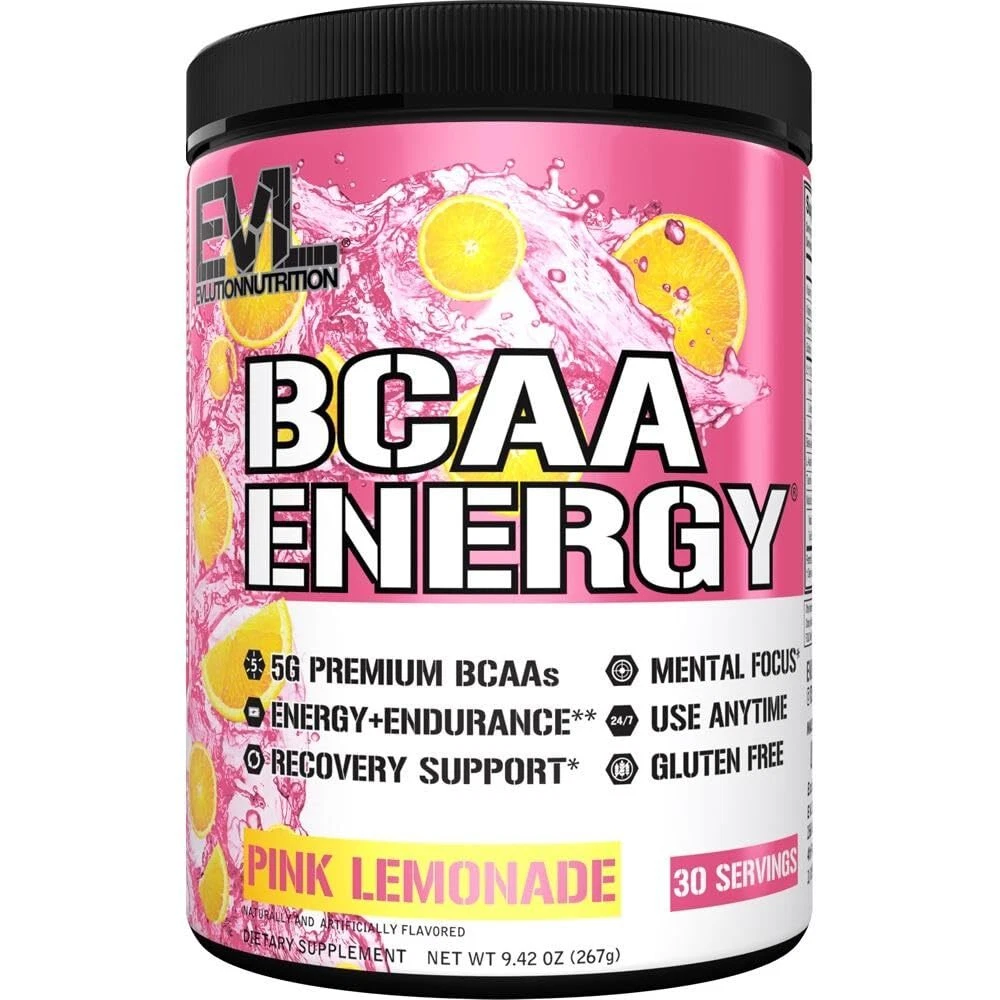 EVL BCAA Energy Powder 30 Servings Pink Lemonade Preworkout Supplement