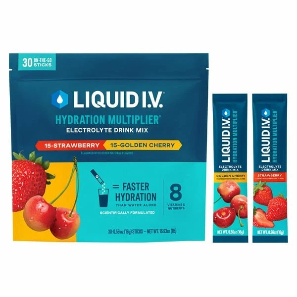 Liquid I.V. Hydration Multiplier, 30 Individual(15 Strawberry /15 Golden Cherry)