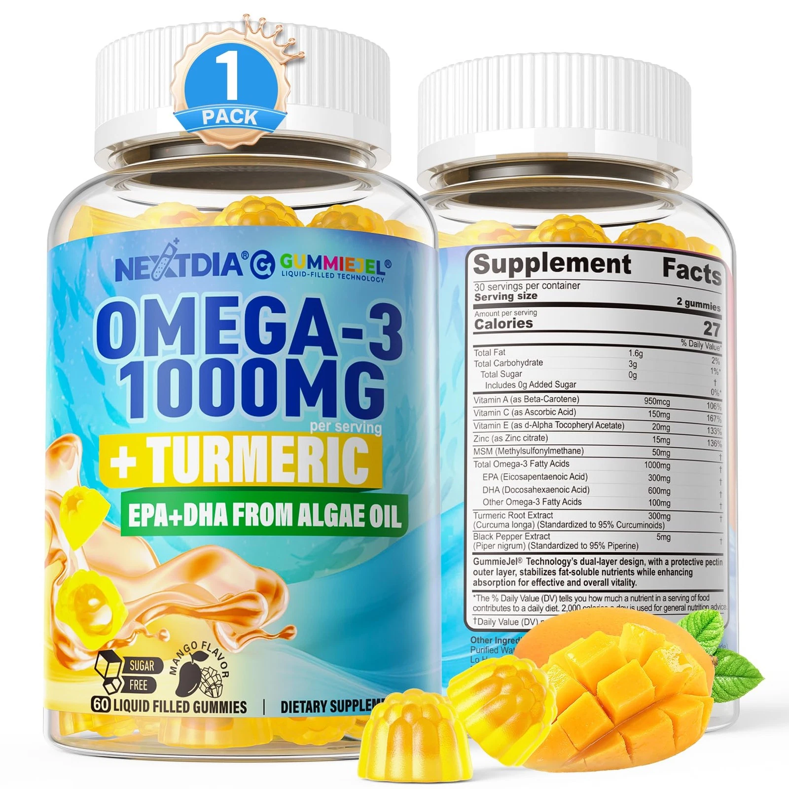 Vegan Omega-3 Gummies 1000mg + Turmeric - Omega 3 Fish Oil Alternative for Adult