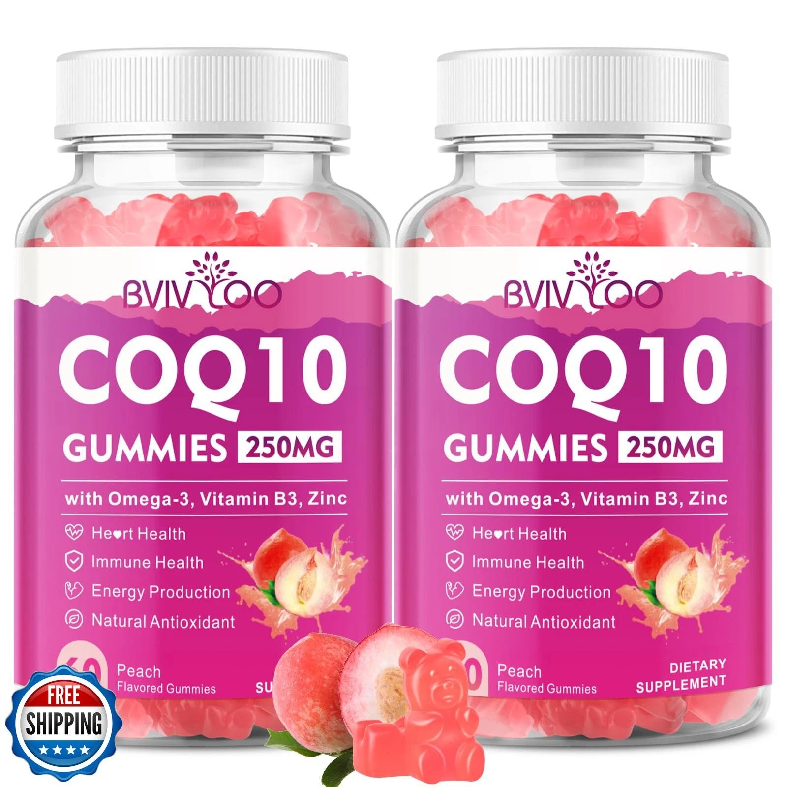 2 Pack CoQ10 Gummies 250mg, Plus Omega-3, Vitamin B3 and Zinc, Magnesium - Hi