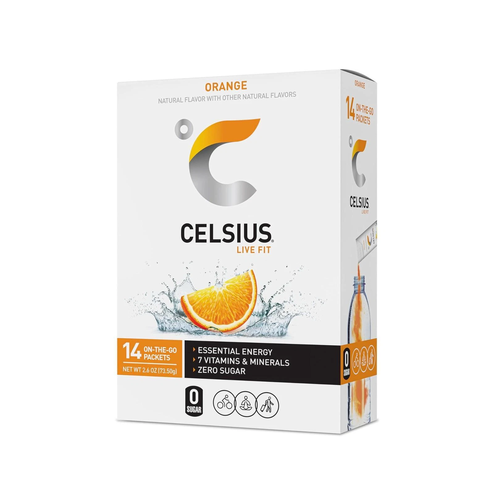 Celsius Orange On-the-go Powder Stick Packs, Zero Sugar (14 Sticks Per Pack)