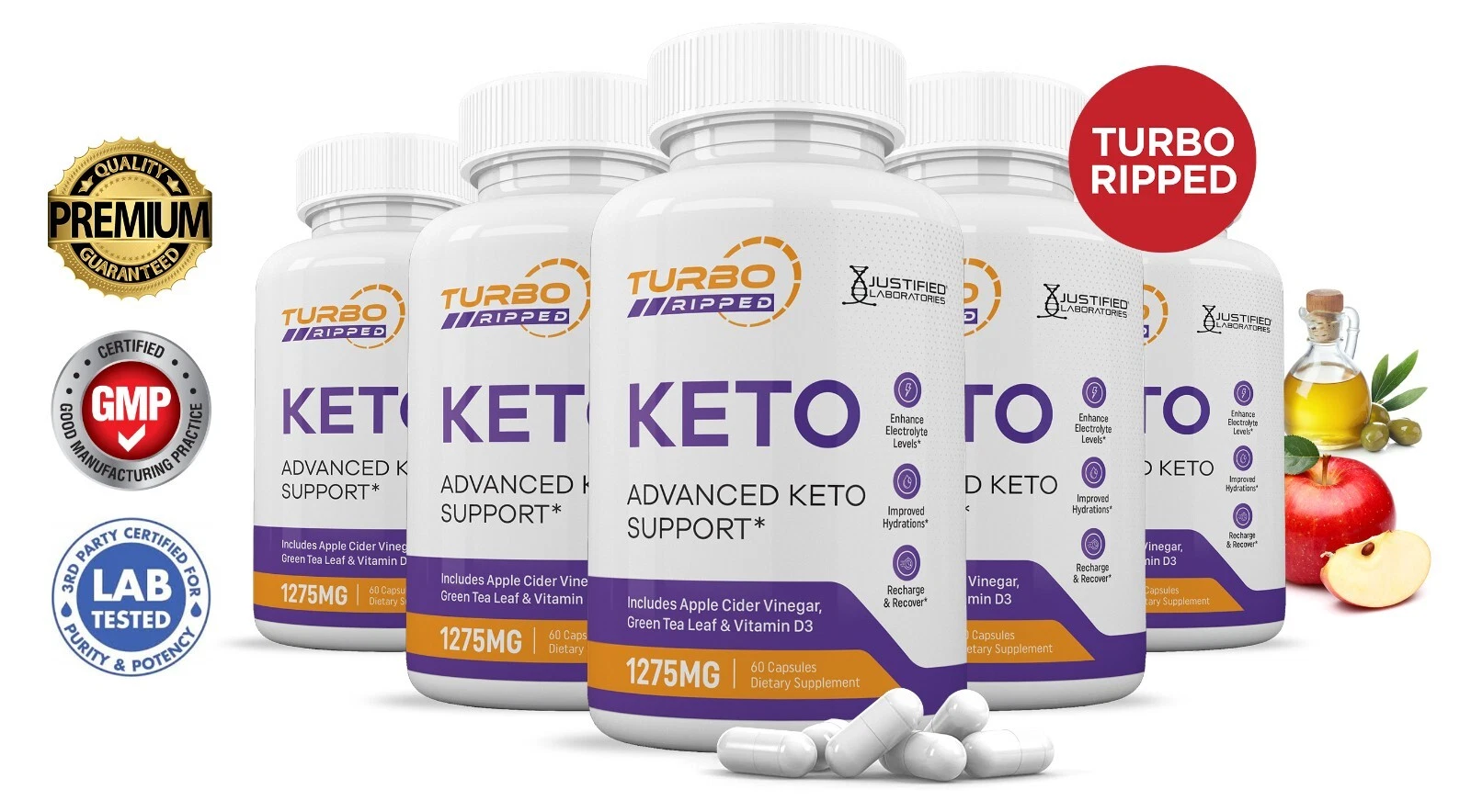 Turbo Ripped Keto ACV Pills 1275 MG Stronger Than Gummies Keto Support 5 Bottle