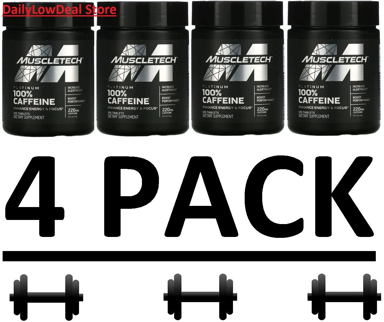 4 PACK - Muscletech Platinum 100% Caffeine, 220 mg, 125 Tabs EXP: 2027