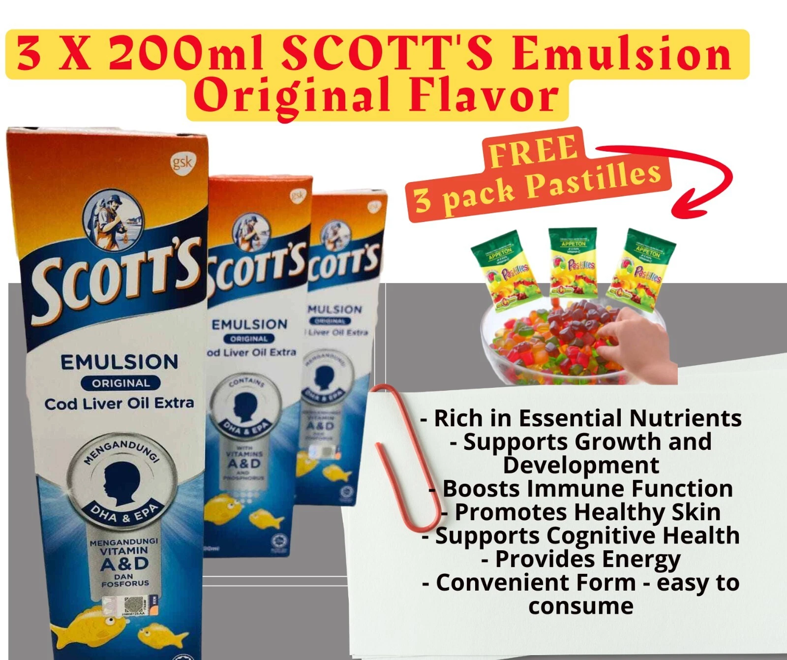 3 X 200ml SCOTT'S Emulsion Cod Liver Oil Extra Original Flavor Free Pastilles