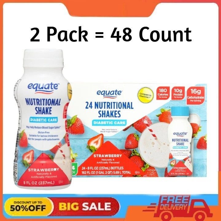 2 Pack Equate Diabetic Care Nutritional Shakes, Strawberry, 8 fl oz, 24 Count