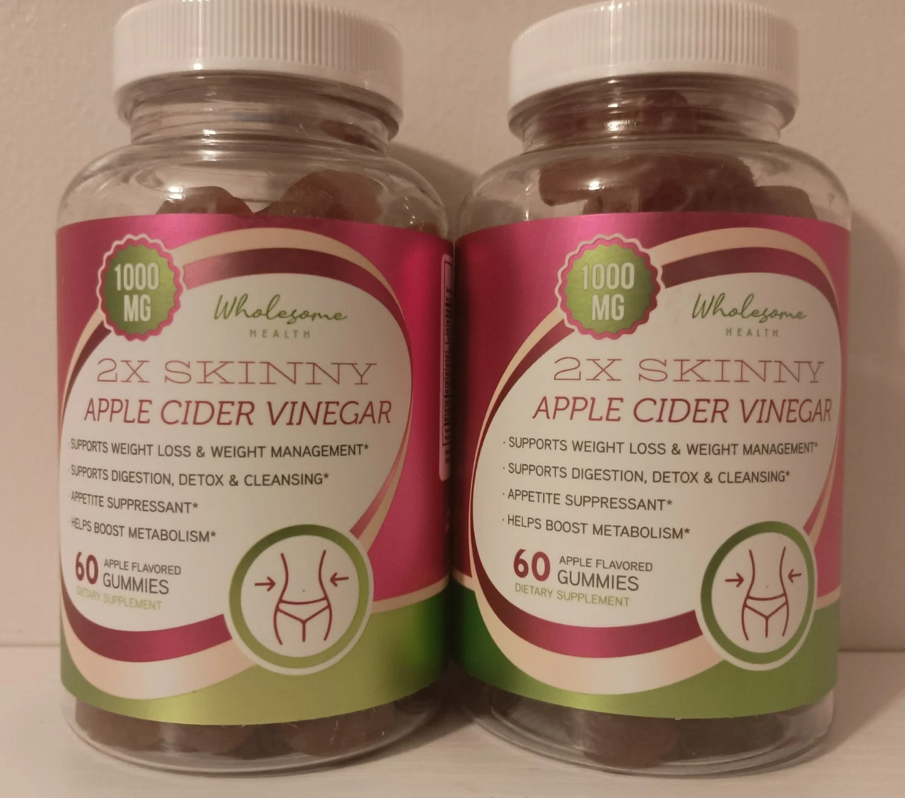 Wholesome Health 2X Skinny Apple Cider Vinegar Gummies 1000mg 60 Ct (2 Pack)