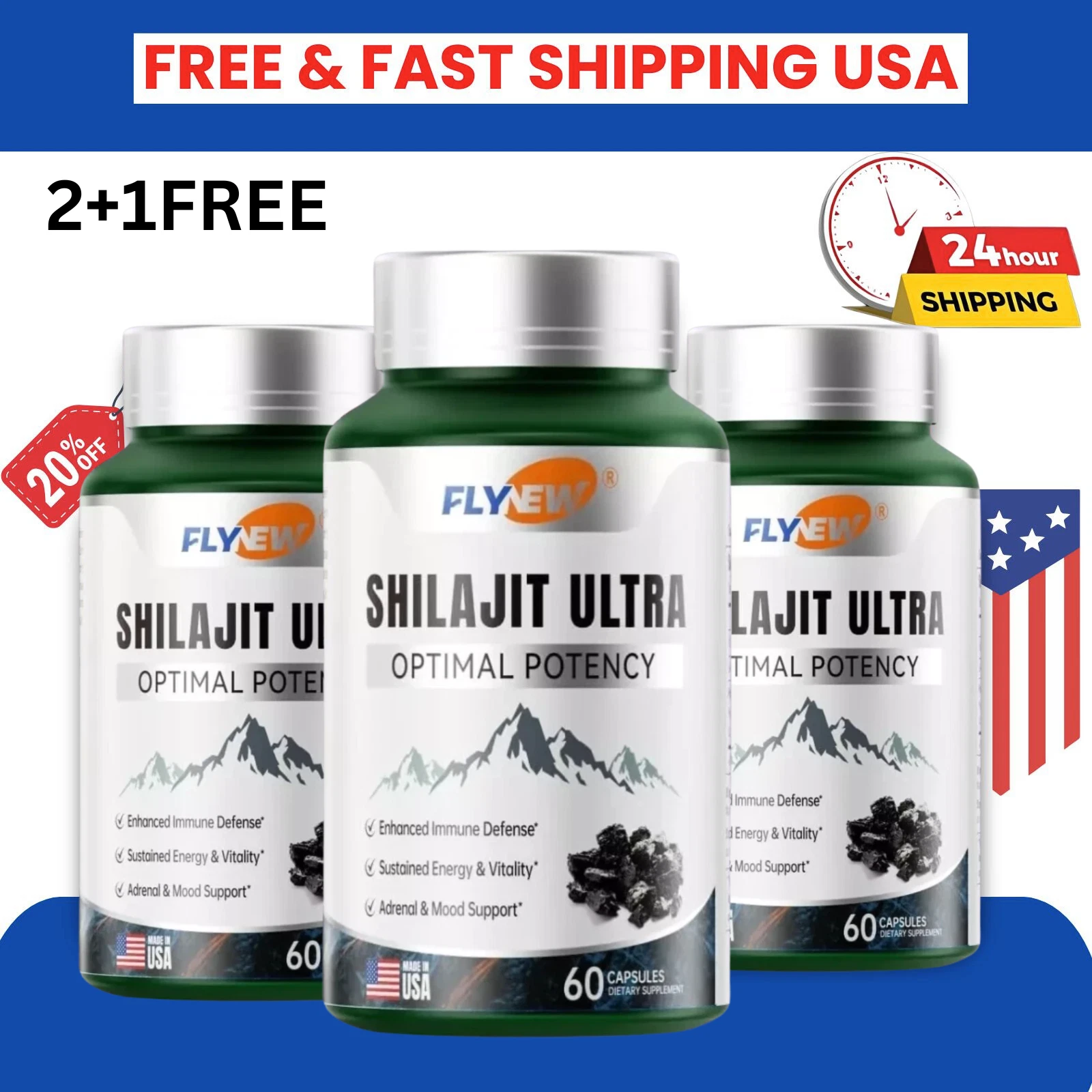 Flynew Shilajit Ultra Optimal Potency, Energy& Vitality, Shilajit L-arginine