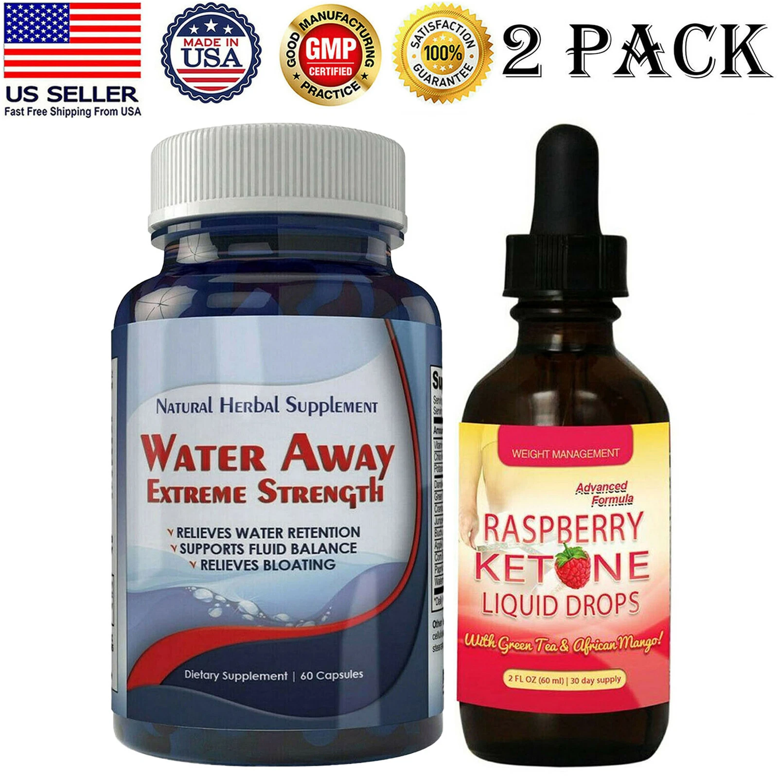 Diuretic Water Away 700mg Pills Raspberry Ketone Liquid Fat Burn Drops 2 Pack