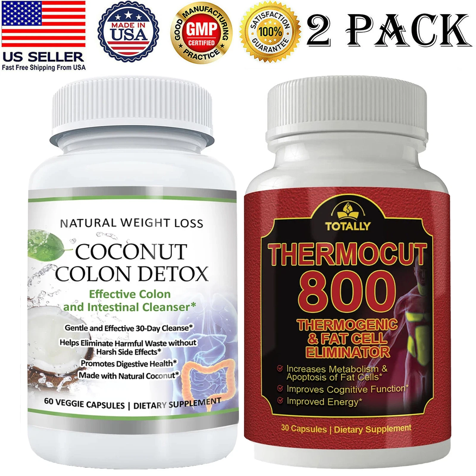 Coconut Colon Detox Cleanser & Thermocut Weight Loss Fat Burner Dietary Capsules
