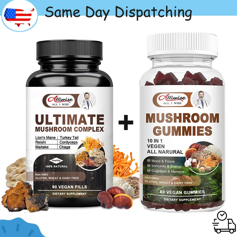 Mushroom Gummies 10x Mushroom Blend Complex Support Brain Focus & Stress Relief
