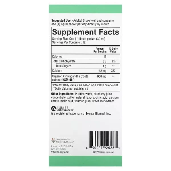 Youtheory - Ashwagandha Liquid Stress Relief Blueberry - 12 Packet(s); EXP 08/24