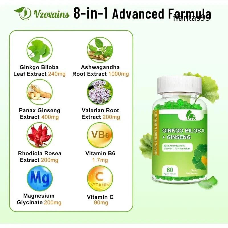 Ginseng and magnesium ginkgo leaf gummies, ginkgo leaf for overall health