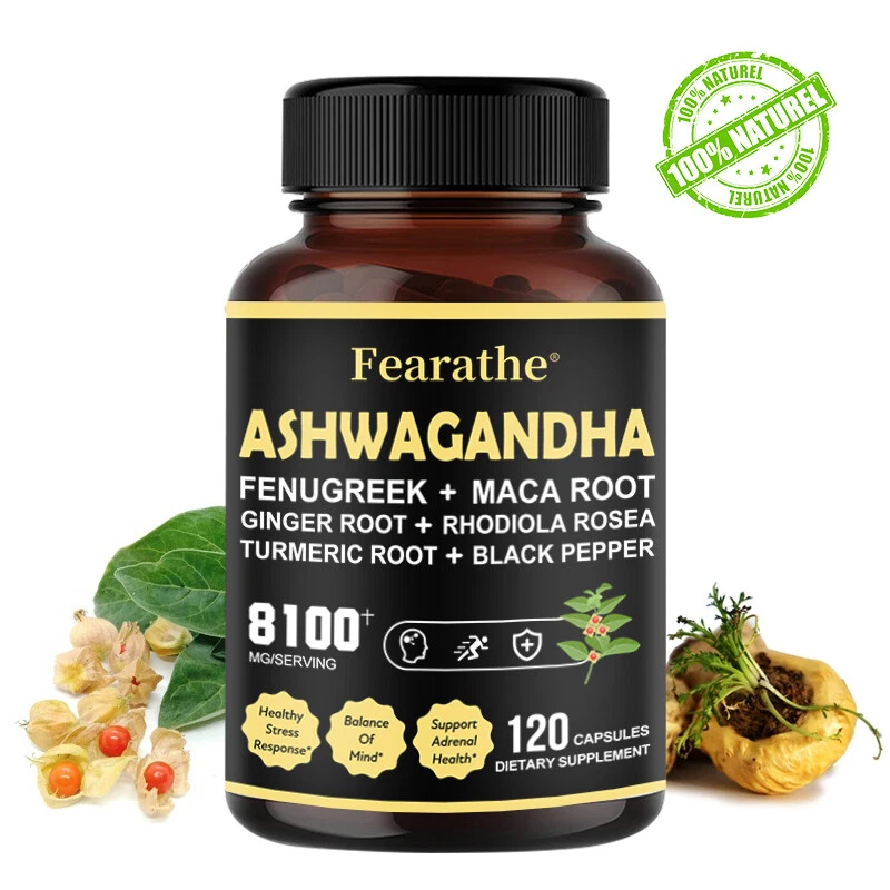 Organic Ashwagandha Capsules 8100mg Supplement w/ Black Pepper Root Powder