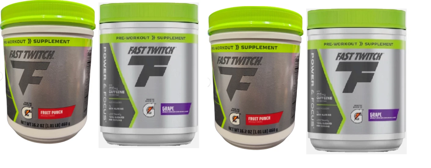 LOT OF 4 Fast Twitch Pre Workout Powder Gatorade Fruit Punch, Grape 16.2 oz Read