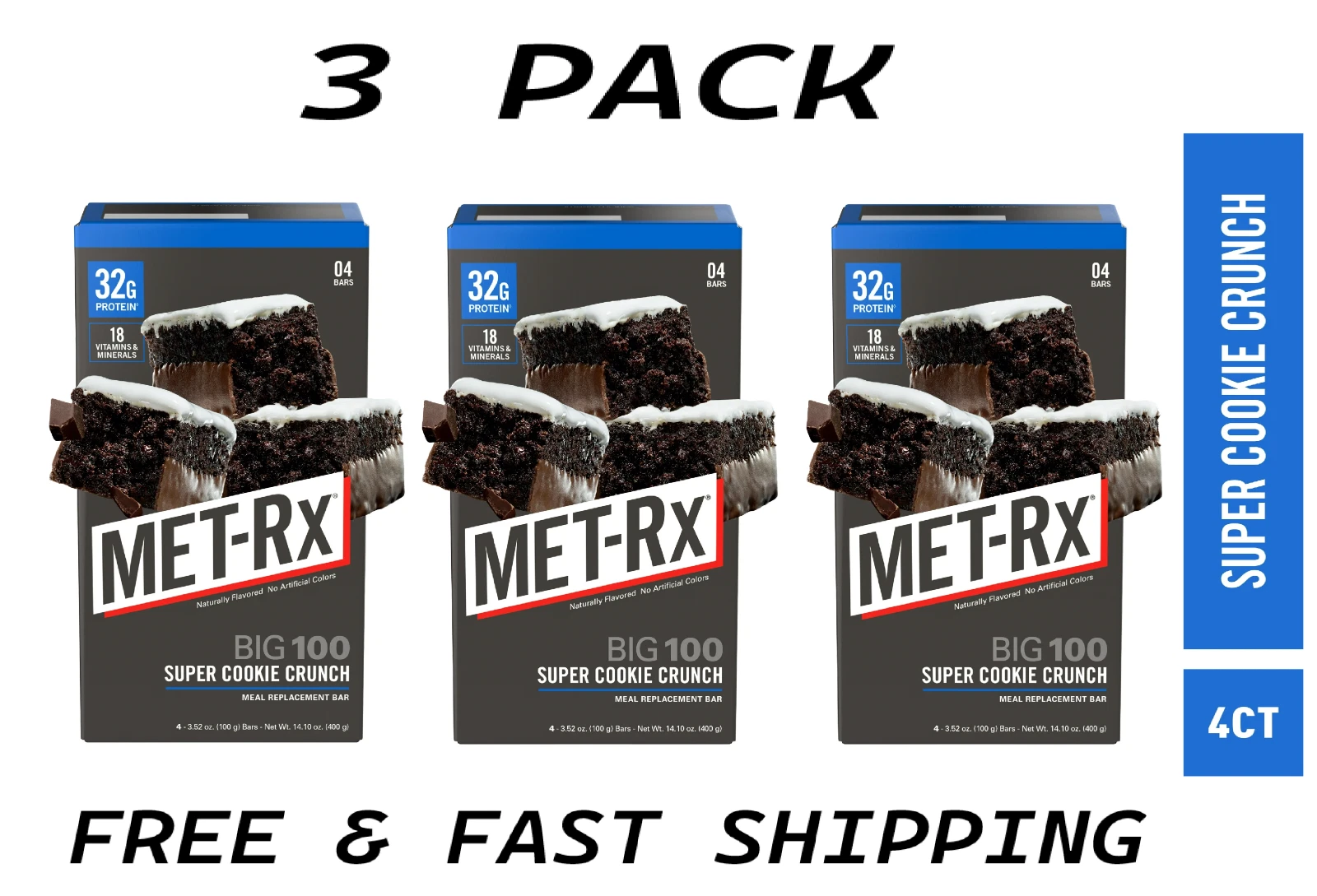 (3 Pack) MET-Rx Big 100 High Protein Meal Replacement Bars Cookie Crunch 4 Ct.