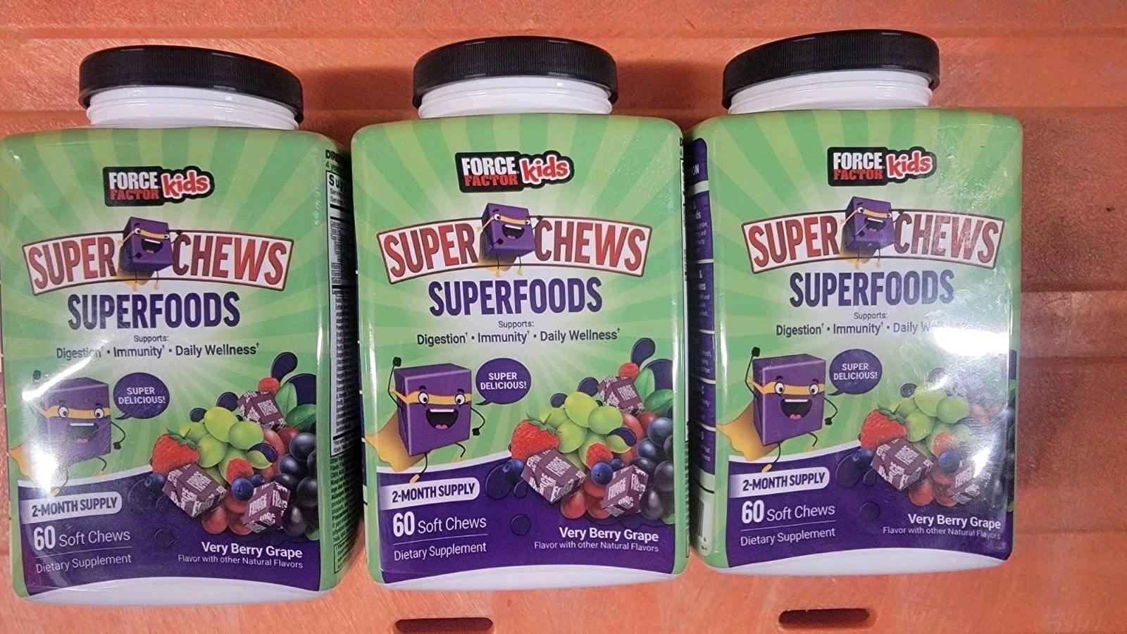 Lot Of 3 Force Factor Kids Super Chews Very Berry Grape 60 Chews Ea Exp:3/26 New