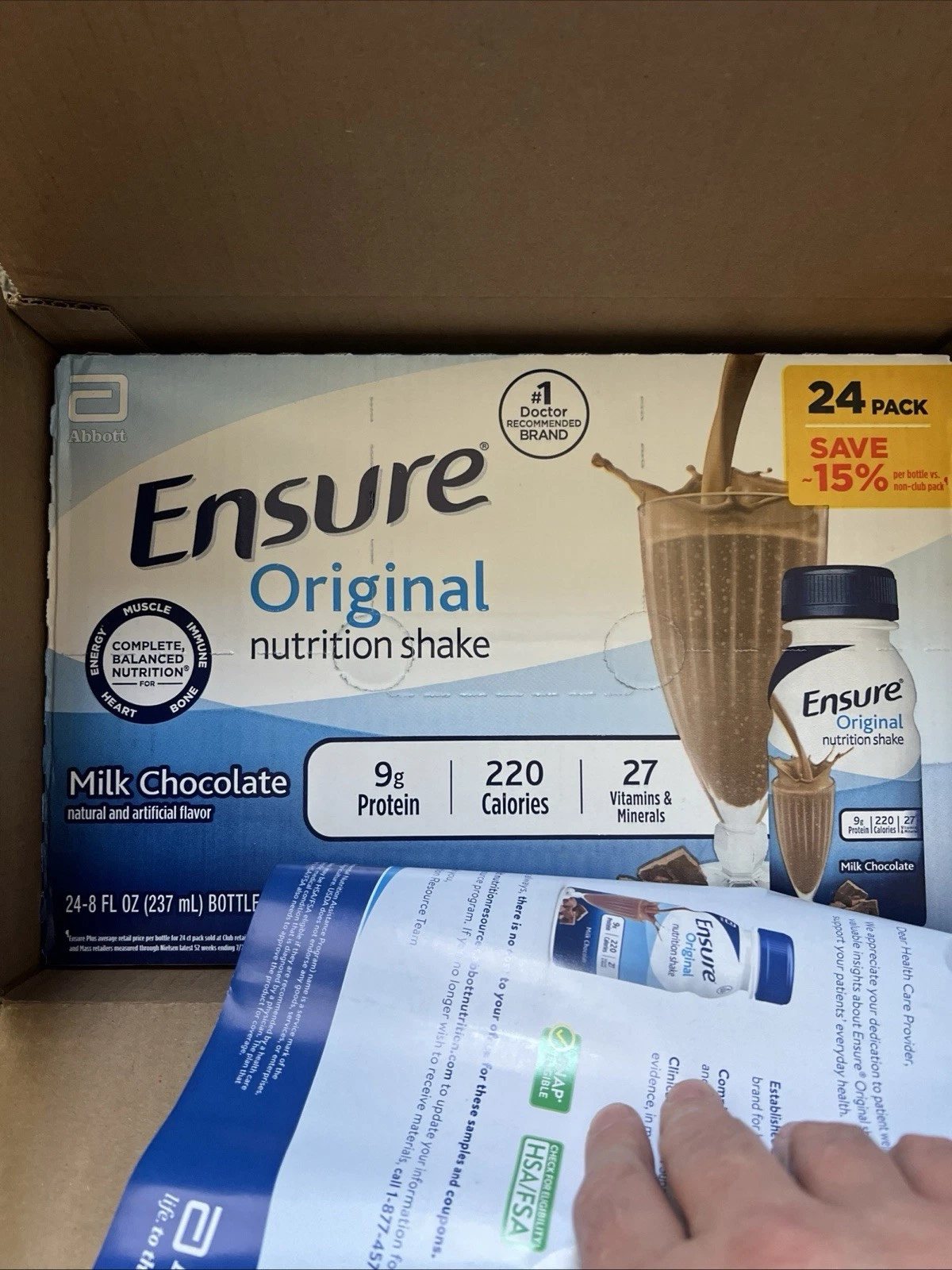 24 PACK - ENSURE ORIGINAL MILK CHOCOLATE NUTRITION SHAKE, MEAL REPLACEMENT, 8oz