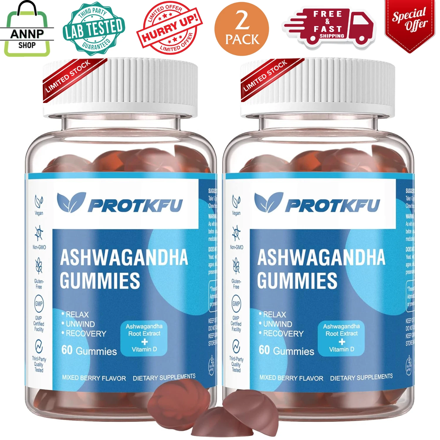 2 Pack Ashwagandha Gummies & Vitamin D3 Gummies Organic Aswangdha Supplement for